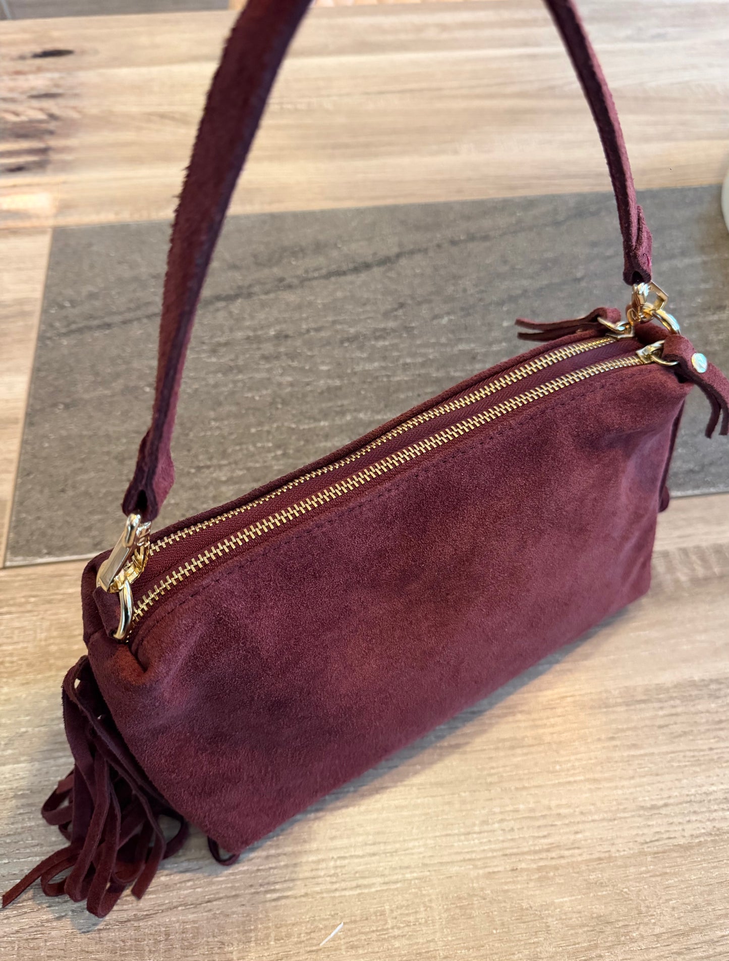 Sac cuir bordeaux franges