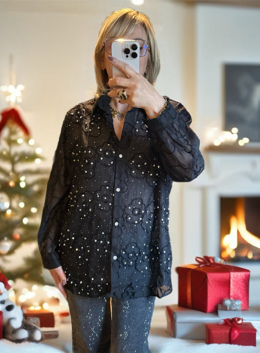 Chemise noire strass